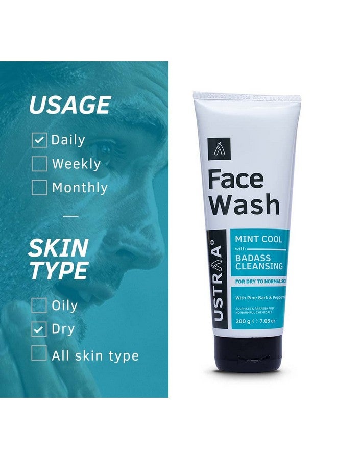 Face Wash Mint Cool For Dry To Normal Skin 200G | Reduces Moisture Loss | Removes Dirt & De Tan Face Scrub For Men, 100G | Effective Tan Removal | With Walnut Granules | No Sls