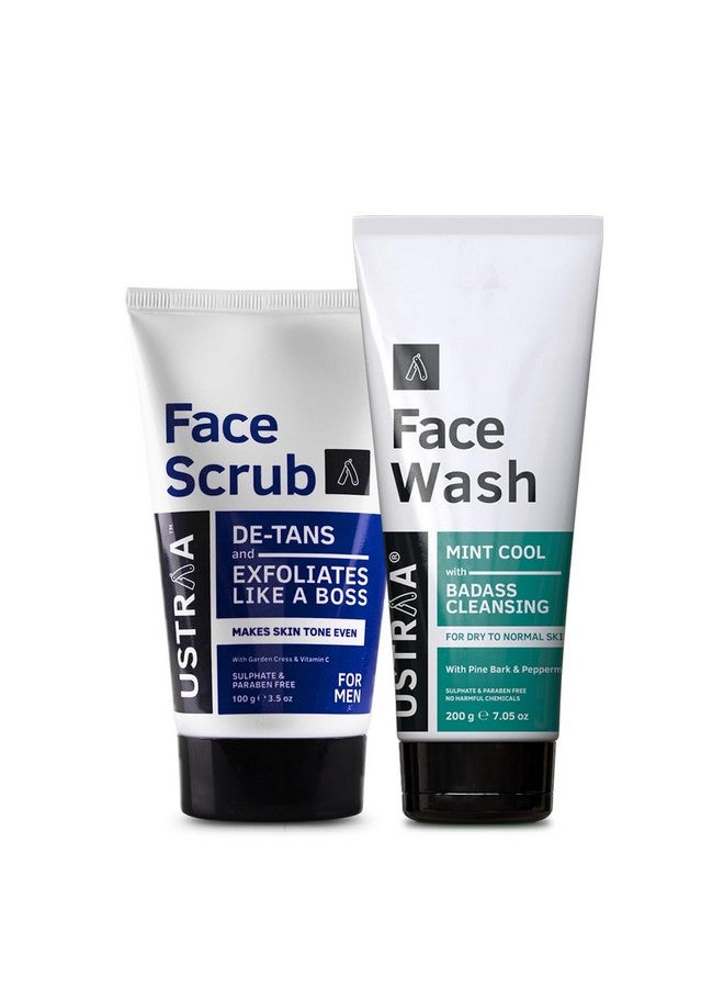 Face Wash Mint Cool For Dry To Normal Skin 200G | Reduces Moisture Loss | Removes Dirt & De Tan Face Scrub For Men, 100G | Effective Tan Removal | With Walnut Granules | No Sls