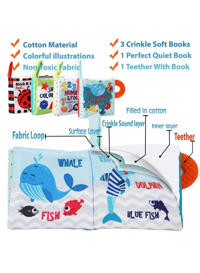 Baby Books Toys 0-6 Months Touch And Feel Crinkle Soft Cloth Books For Babies Infants Toddler, Baby Gifts Teething Toys, Early Education Toy 6 To 12 Months Baby Boy Girl 1 Year Old Books & Up - 4Pcs