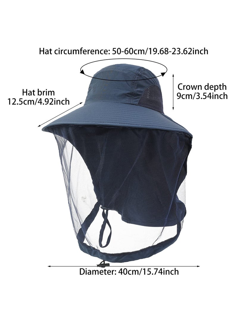 Mosquito Net Hat for Outdoor Activities, Sun Protection Fishing Hat with Mesh Netting, UPF 50+ for Hiking and Gardening, Unisex Design in Navy Blue