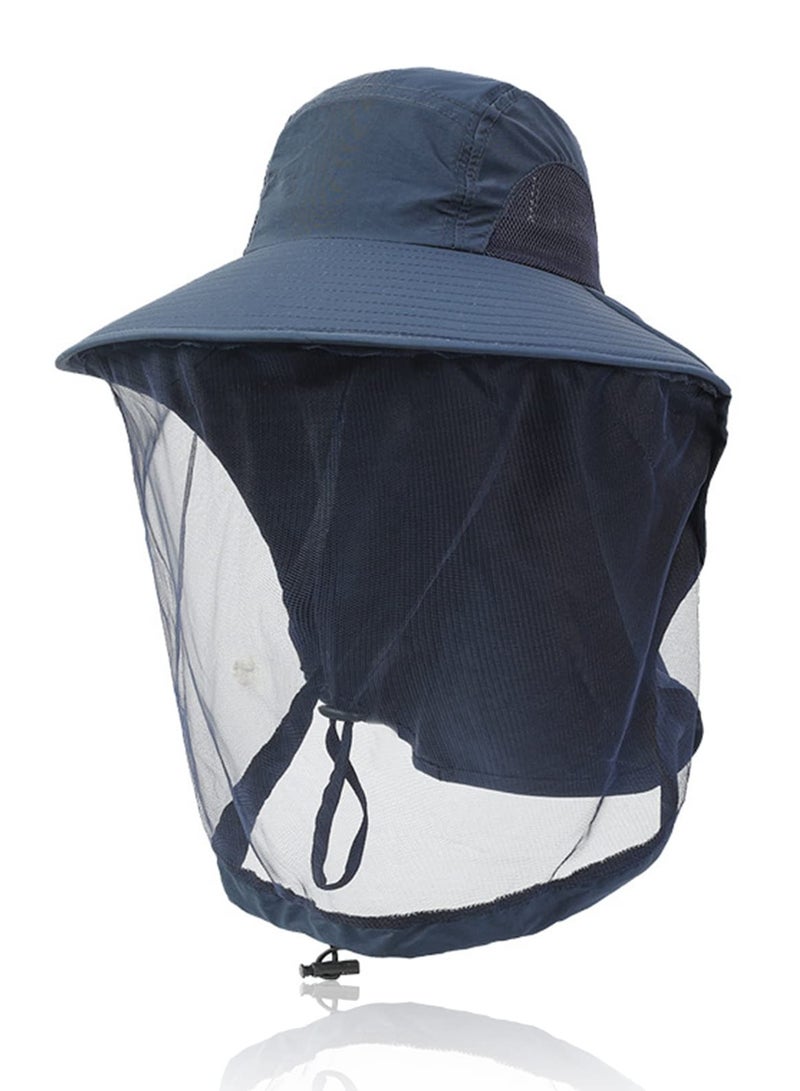 Mosquito Net Hat for Outdoor Activities, Sun Protection Fishing Hat with Mesh Netting, UPF 50+ for Hiking and Gardening, Unisex Design in Navy Blue