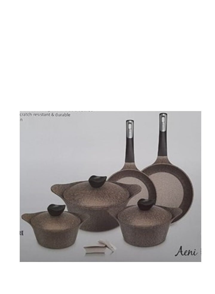 Aeni Cooking Set 10Pcs Coffe Brown Marble+2 Silicon Spoone Coffe Brown