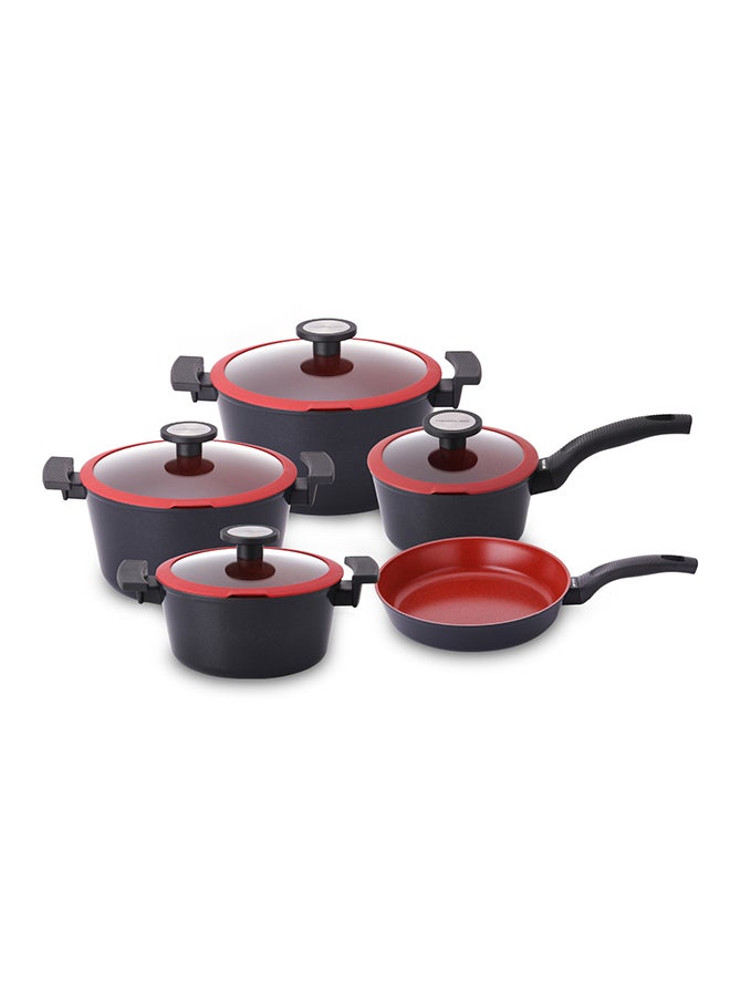 De Chef Cookware Set 9Pcs Glass Lid(Silicone Frame)Non Stick Marble Coating Induction Suitable For All Stove Kind Red and Black