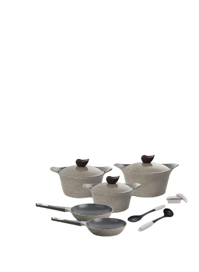 Aeni Cooking Set 10Pcs Warm Marble+2 Silicon Spoone Warm Marble