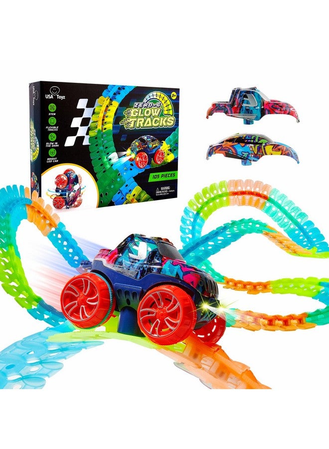 Zero-G Glow Race Track For Kids- 105Pcs Glow In The Dark Flexible Race Car Track Set With Suction Cups, Slot Car, 2 Graffiti Toy Cars Shells, Stem Toy Led Car Tracks For Boys And Girls Age 3+