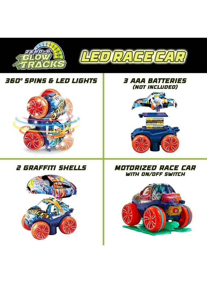 Zero-G Glow Race Track For Kids- 105Pcs Glow In The Dark Flexible Race Car Track Set With Suction Cups, Slot Car, 2 Graffiti Toy Cars Shells, Stem Toy Led Car Tracks For Boys And Girls Age 3+