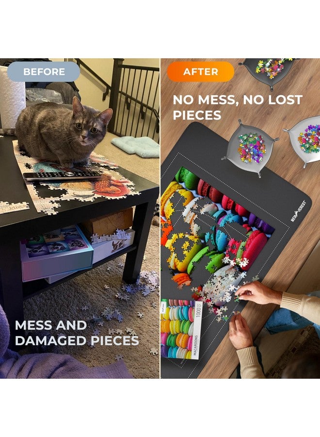 Jigsaw Puzzle Mat Roll Up, Saver Pad 46” X 26” Portable Keeper Up To 1500 Pieces With Non-Slip Rubber Bottom And Smooth Polyester Top + 3 Puzzle Sorting Trays And Travel-Friendly Storage Bag
