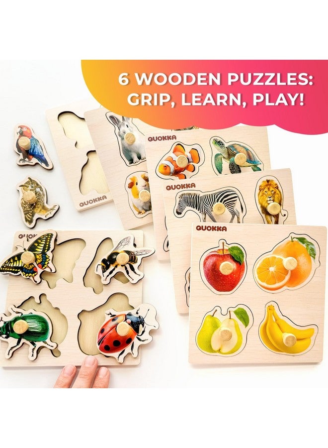 Wooden Puzzles For Toddlers 1-3 - 6 Pegged Puzzles For Kids Ages 2-4 - Animal And Fruits Learning Toy For Kids - Gift Realistic Educational Game For Boy And Girl