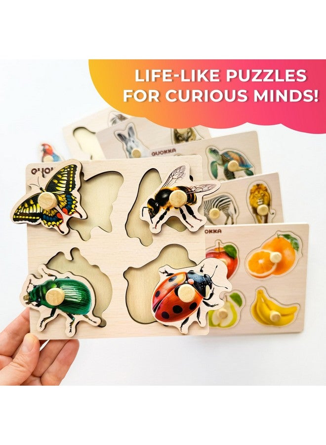 Wooden Puzzles For Toddlers 1-3 - 6 Pegged Puzzles For Kids Ages 2-4 - Animal And Fruits Learning Toy For Kids - Gift Realistic Educational Game For Boy And Girl