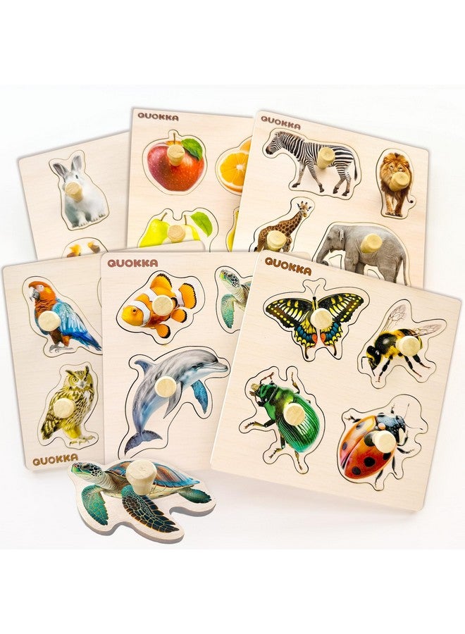 Wooden Puzzles For Toddlers 1-3 - 6 Pegged Puzzles For Kids Ages 2-4 - Animal And Fruits Learning Toy For Kids - Gift Realistic Educational Game For Boy And Girl