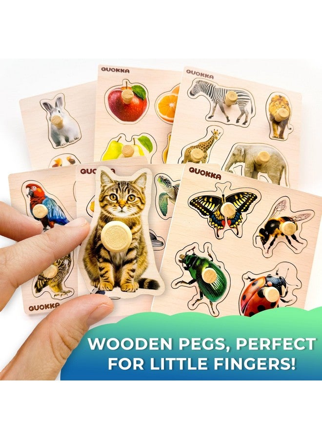 Wooden Puzzles For Toddlers 1-3 - 6 Pegged Puzzles For Kids Ages 2-4 - Animal And Fruits Learning Toy For Kids - Gift Realistic Educational Game For Boy And Girl