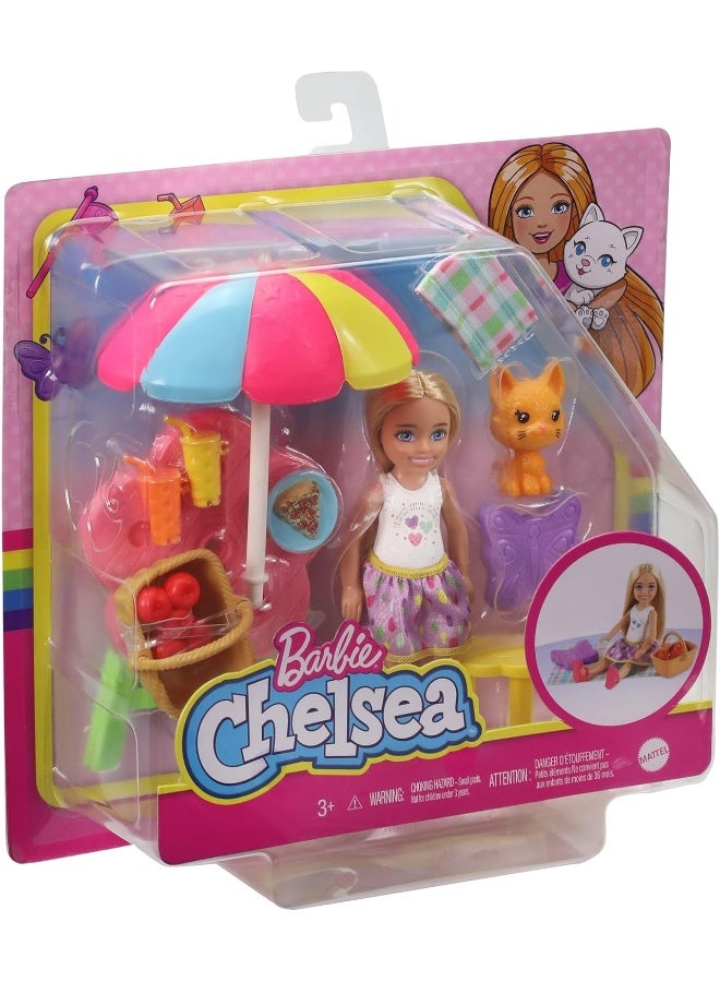 Barbie Chelsea Picnic Playset with Chelsea Doll (6-in Blonde), Pet Kitten, Picnic Table, Umbrella, Basket & Accessories