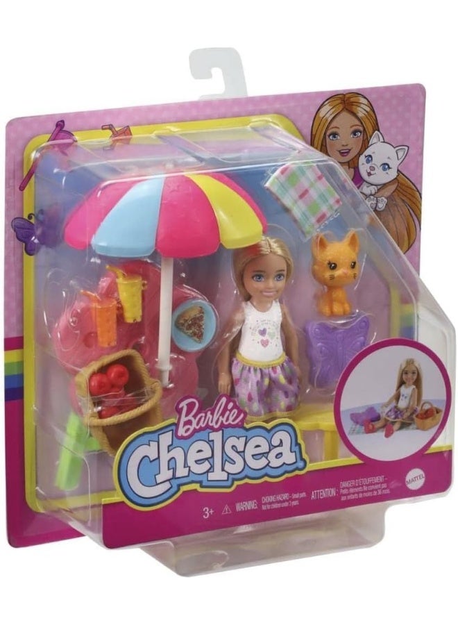 Barbie Chelsea Picnic Playset with Chelsea Doll (6-in Blonde), Pet Kitten, Picnic Table, Umbrella, Basket & Accessories