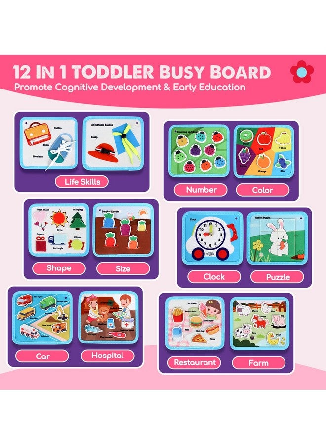 Montessori Busy Board For Toddlers 2-4, Busy Book For Toddlers 1-3, Activity Books For Airplane Car, 2 Year Old Girl Toys Gift, Sensory Travel Toys, Preschool Learning Busy Book (Pink)