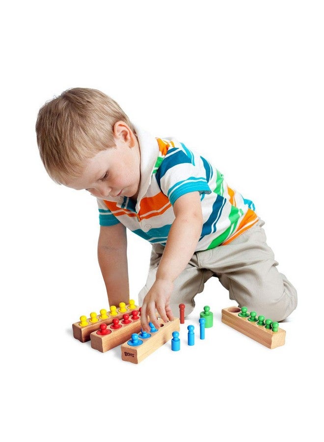 Montessori Knobbed Cylinders Blocks - 6 Pegs / 6.7 Inches - Colorful Wooden Early Home School Toys - 4Pcs Set
