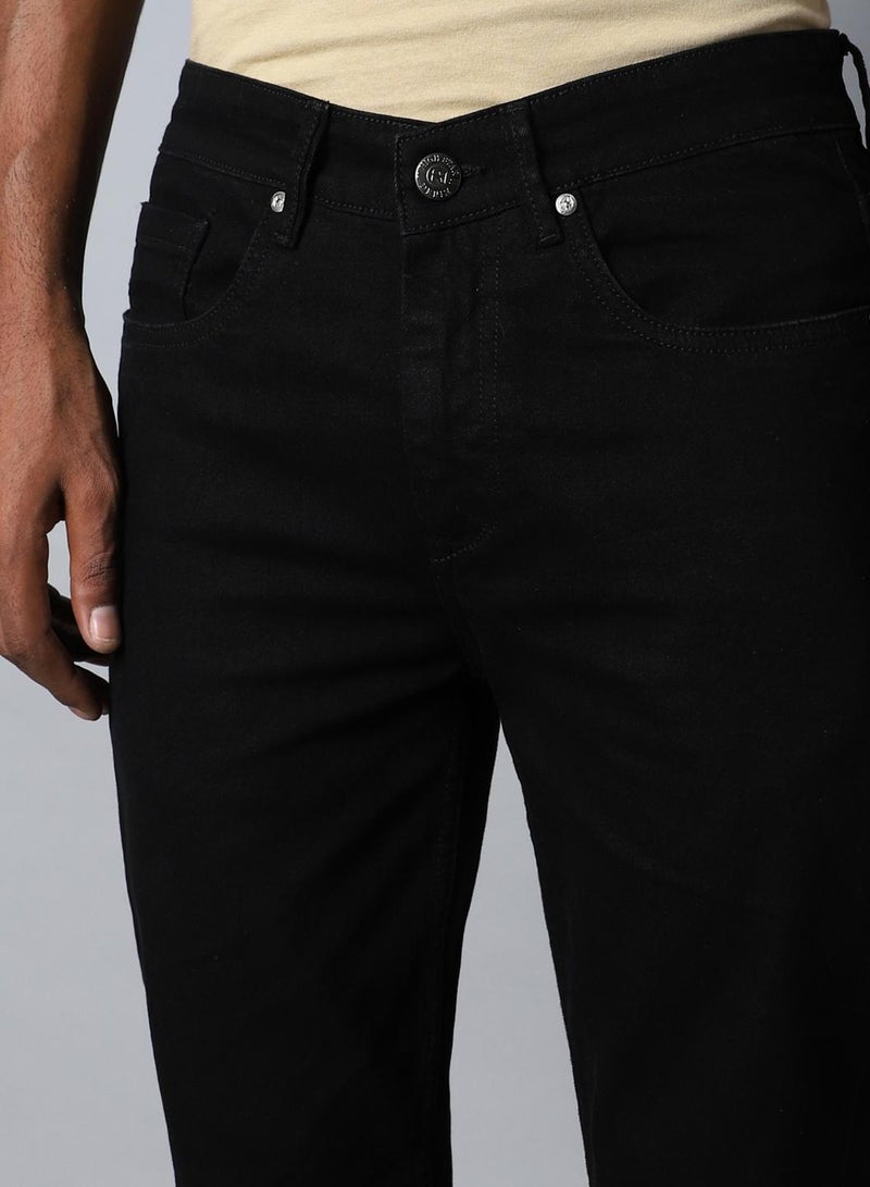 Relaxed Fit Black Mid-Rise Jeans for Men with Mildly Distressed Look