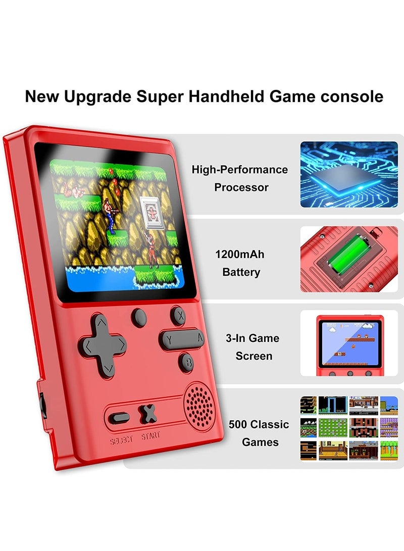 Retro Handheld Game Console for Kids Portable Video Game Console with Gamepad and 3 In Screen Built-in 500 Classic FC Games Rechargeable Battery Support for Connecting TV and 2 Players Red