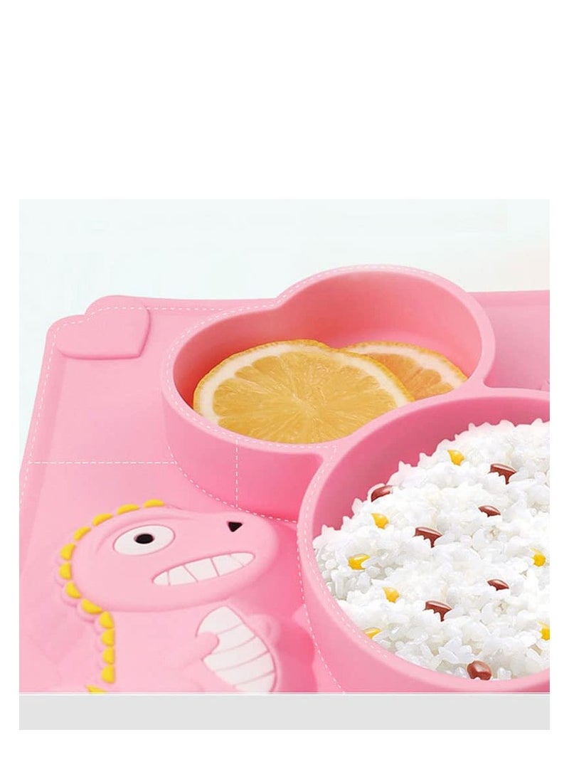 Toddler Baby Plates Silicone Divided Cartoon, Silicone Toddlers Divided Placemat for Kids, Non-Slip Baby Feeding Weaning Plate, Dishwasher & Microwave Safe(Dinosaur Pink)