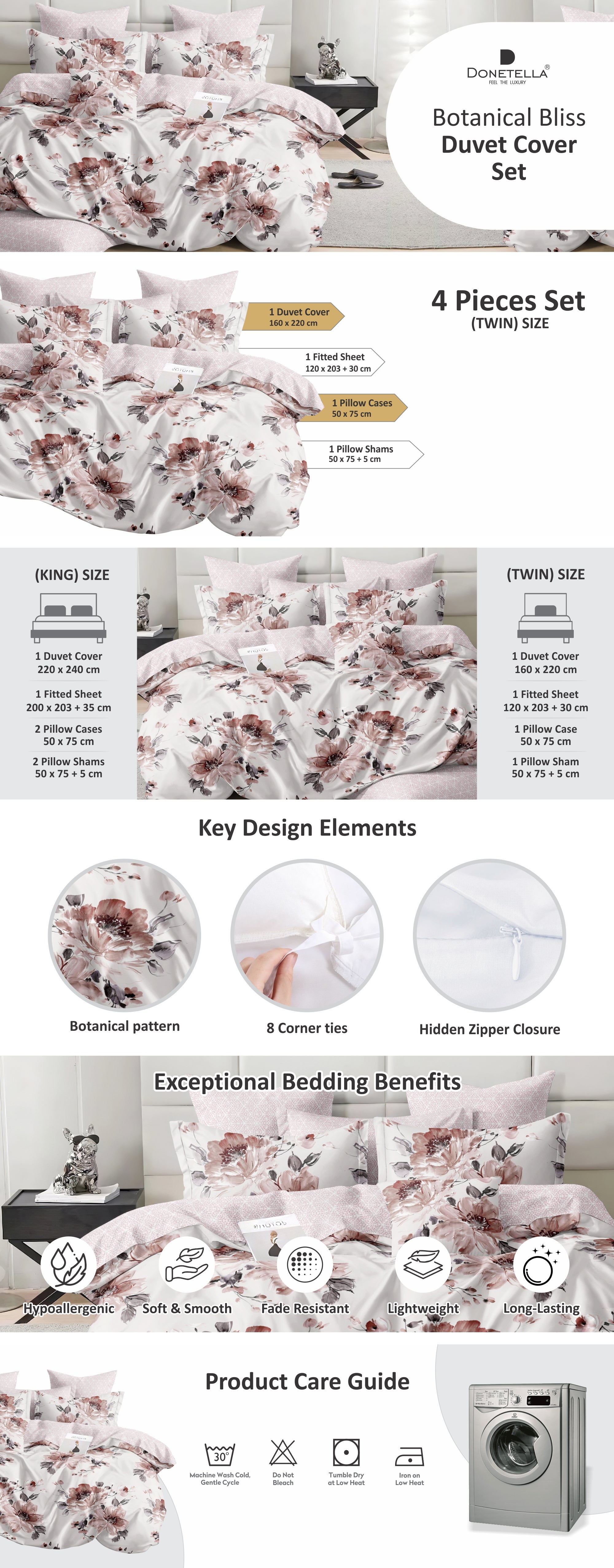 Duvet Cover Set 4-Pcs Twin Size Printed Bed Set Fits (100x200 CM) With Fitted Sheet Pillow Sham And Pillow Cases (Without Filler),Dawn Pink