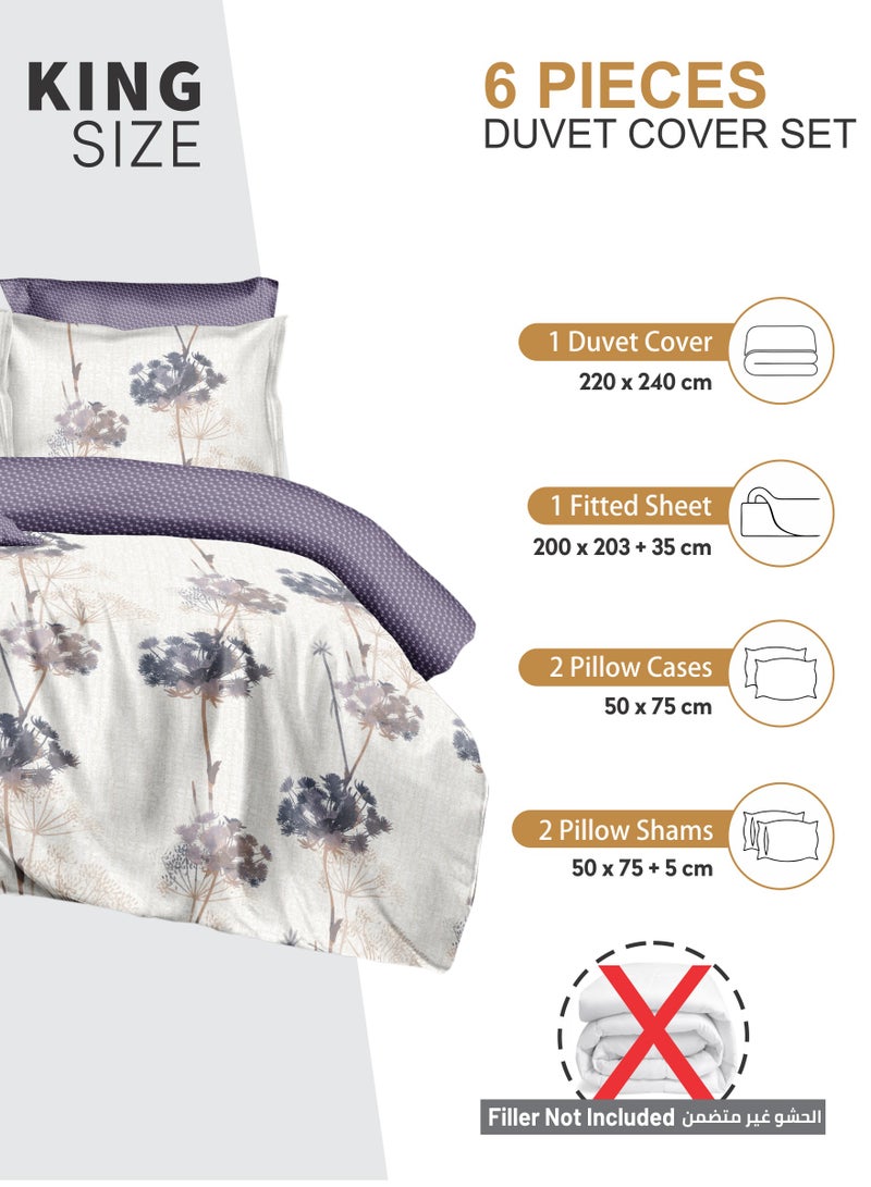 Duvet Cover Set 6-Pcs King Size Printed Bed Set Fits (200x200 CM) With Fitted Sheet PillowSham And Pillow Cases (Without Filler),Platinum