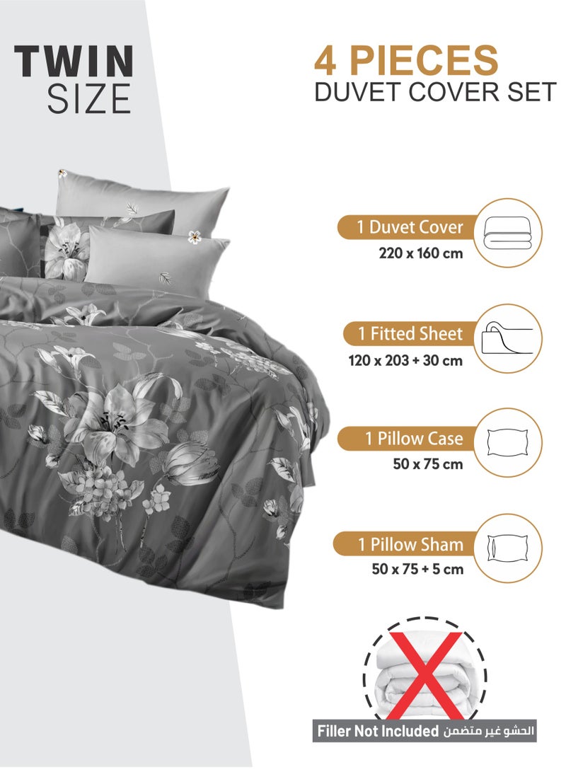 Duvet Cover Set 4-Pcs Twin Size Printed Bed Set Fits (100x200 CM) With Fitted Sheet Pillow Sham And Pillow Cases (Without Filler),Smokey Grey