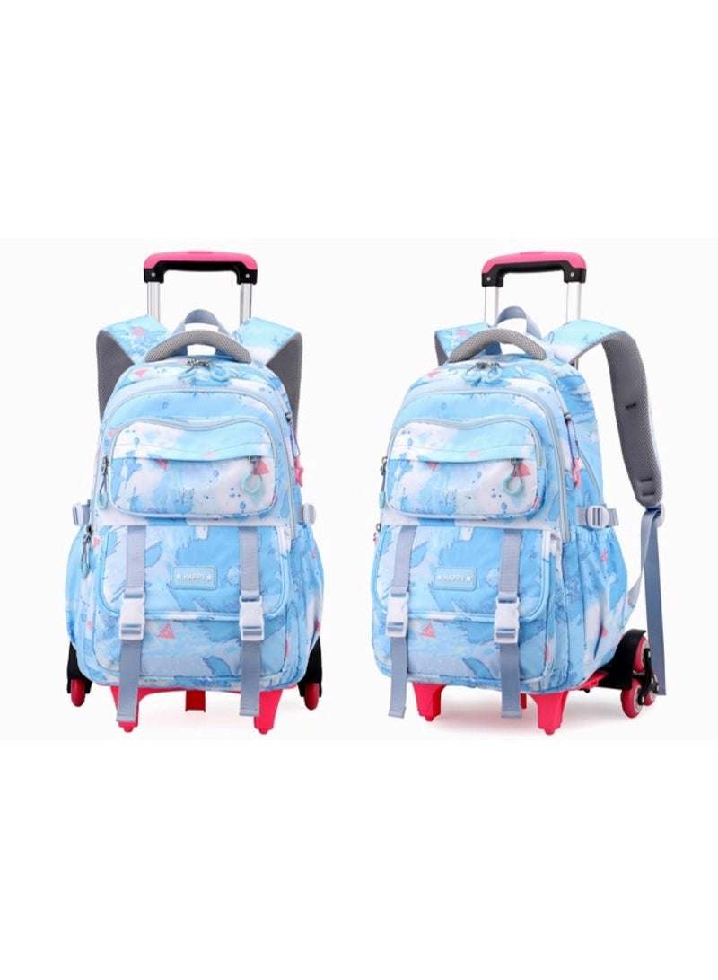 Children's Rolling Trolley Backpack with Watercolor Design in Blue