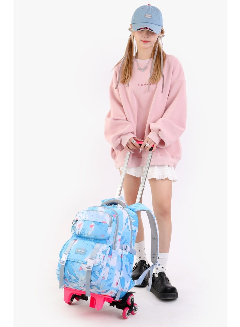 Children's Rolling Trolley Backpack with Watercolor Design in Blue