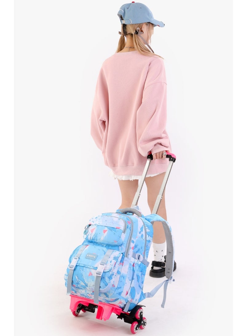 Children's Rolling Trolley Backpack with Watercolor Design in Blue