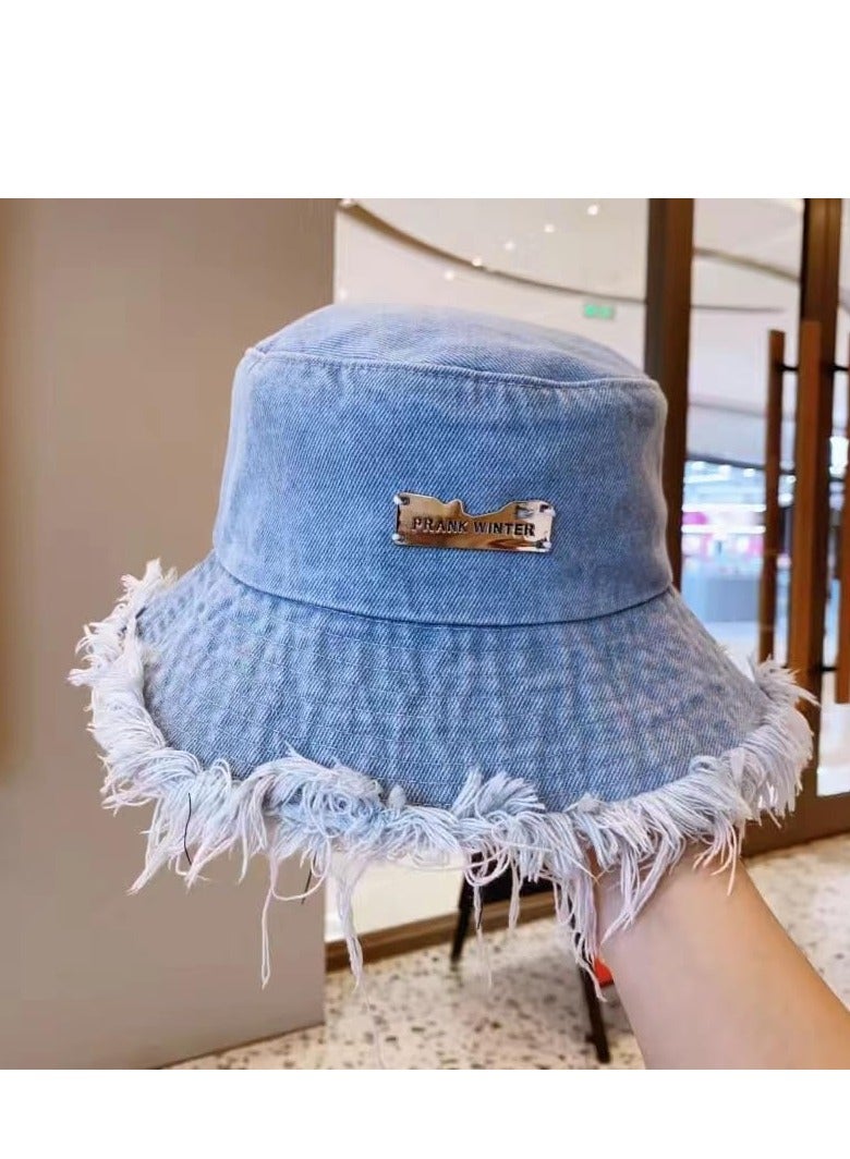 Denim Bucket Hats, Sun Hats for Beach Vacation, Unisex Wide Brim Fisherman Hats, Y2K Tassel Bucket Cap, Aesthetic Foldable Panama Hats, Summer Casual Cotton Distressed Ripped Edge Design(Large Brim)