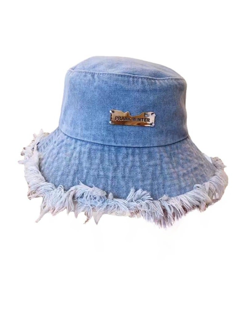 Denim Bucket Hats, Sun Hats for Beach Vacation, Unisex Wide Brim Fisherman Hats, Y2K Tassel Bucket Cap, Aesthetic Foldable Panama Hats, Summer Casual Cotton Distressed Ripped Edge Design(Large Brim)