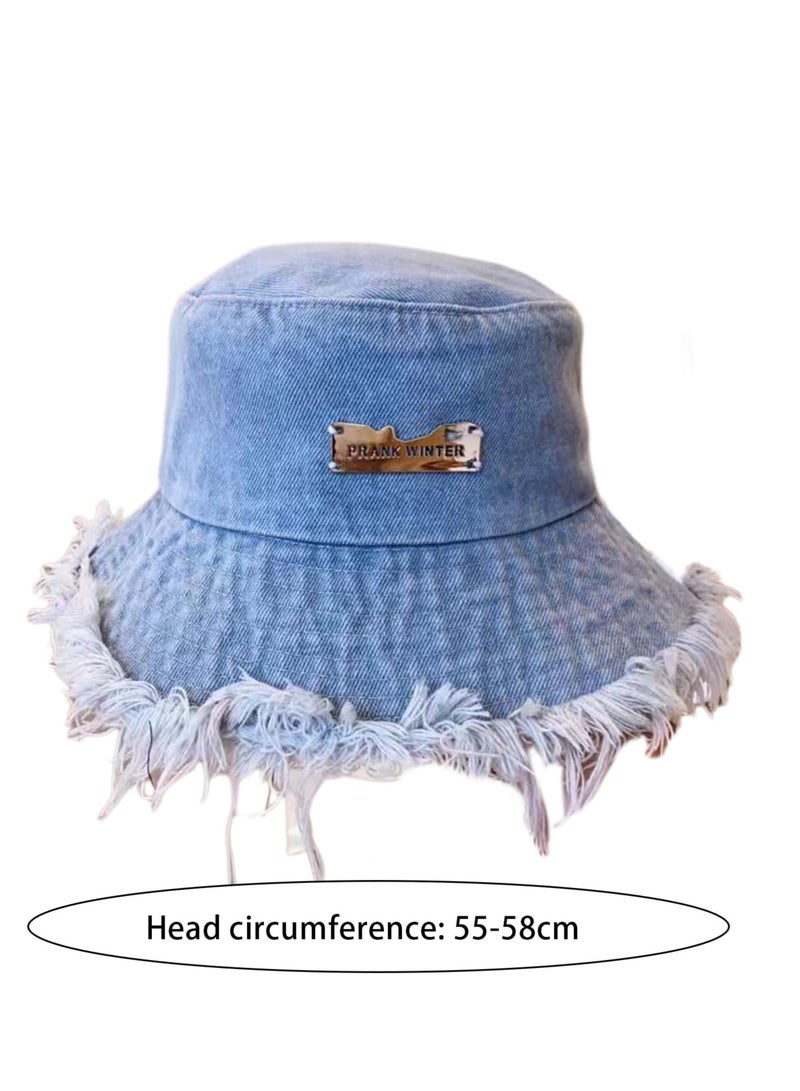 Denim Bucket Hats, Sun Hats for Beach Vacation, Unisex Wide Brim Fisherman Hats, Y2K Tassel Bucket Cap, Aesthetic Foldable Panama Hats, Summer Casual Cotton Distressed Ripped Edge Design(Large Brim)