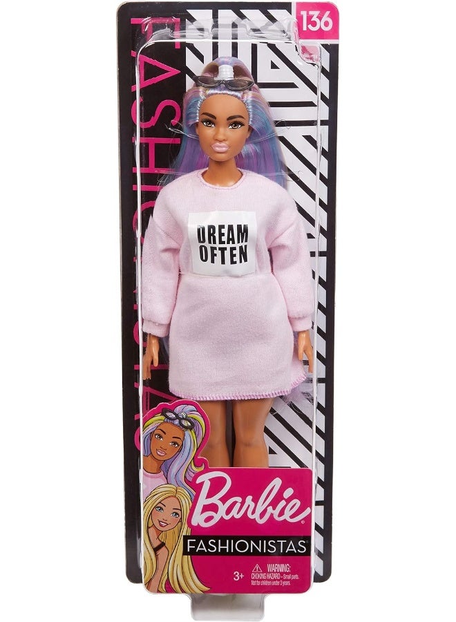 Barbie Fashionistas Doll #136 with Long Rainbow Hair Wearing Sweatshirt Dress and Accessories