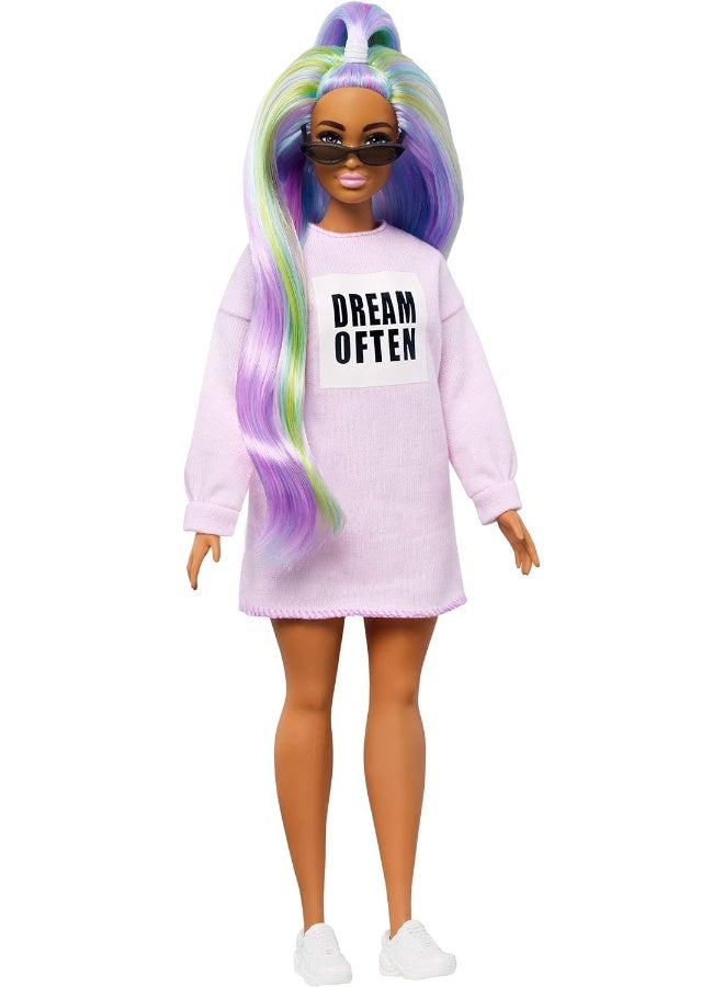 Barbie Fashionistas Doll #136 with Long Rainbow Hair Wearing Sweatshirt Dress and Accessories