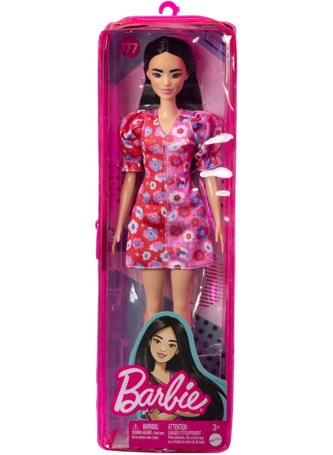 Barbie Fashionistas Doll, with Long Black Hair & Color Block Floral Dress with Puffed Sleeves, Strappy Purple Heels, Butterfly Ring