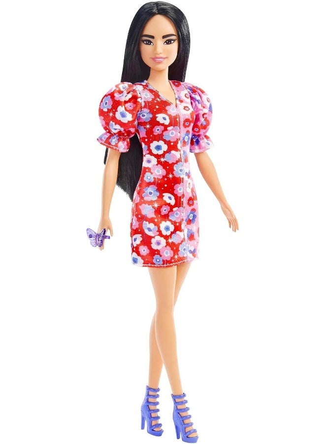 Barbie Fashionistas Doll, with Long Black Hair & Color Block Floral Dress with Puffed Sleeves, Strappy Purple Heels, Butterfly Ring