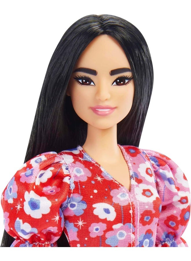 Barbie Fashionistas Doll, with Long Black Hair & Color Block Floral Dress with Puffed Sleeves, Strappy Purple Heels, Butterfly Ring