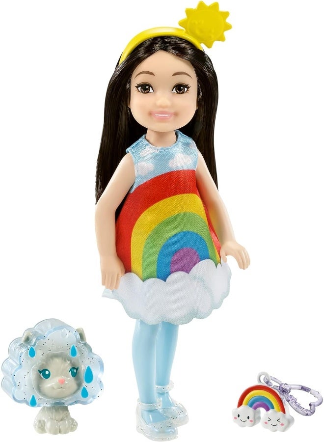 Barbie Club Chelsea Dress-Up Doll (6-Inch Brunette) in Rainbow Costume with Pet and Accessories