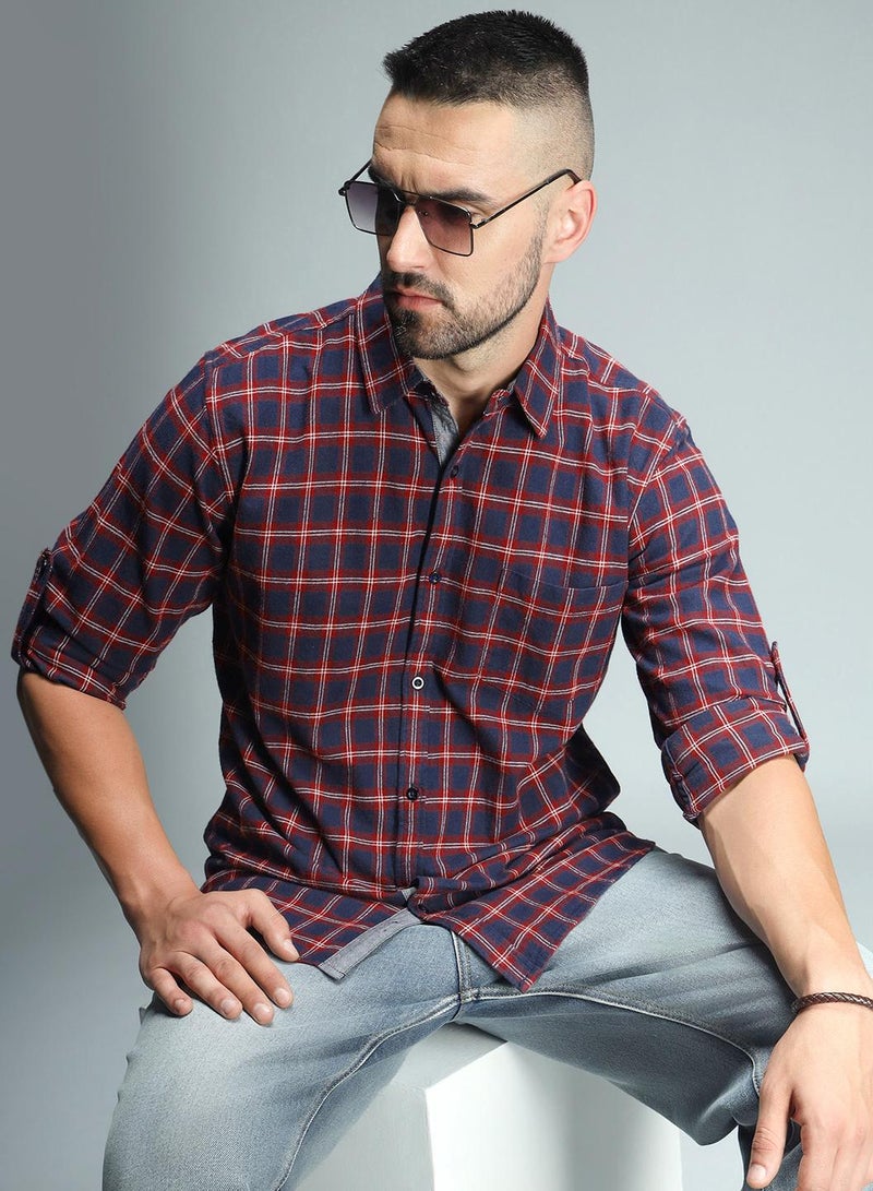 Standard Checked Cotton Spread Collar Curved Casual Shirt