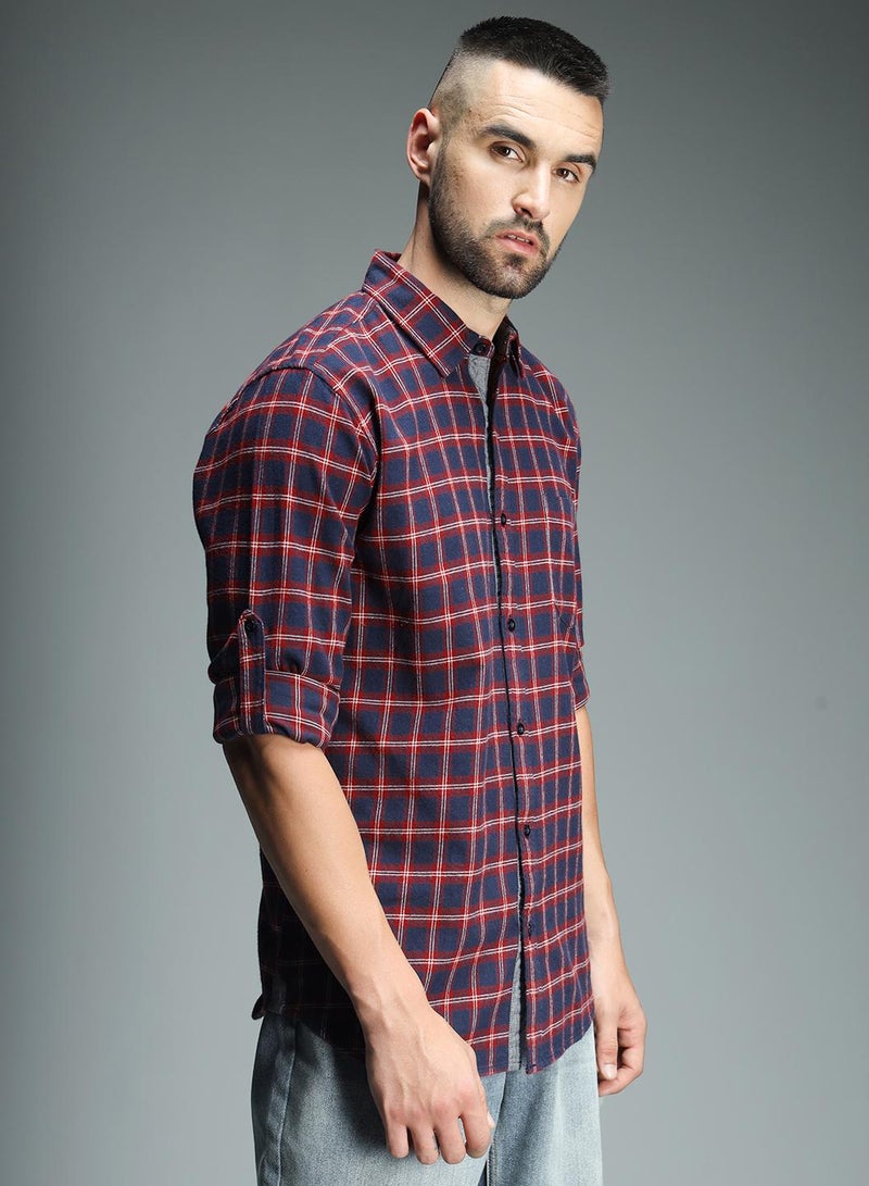 Standard Checked Cotton Spread Collar Curved Casual Shirt