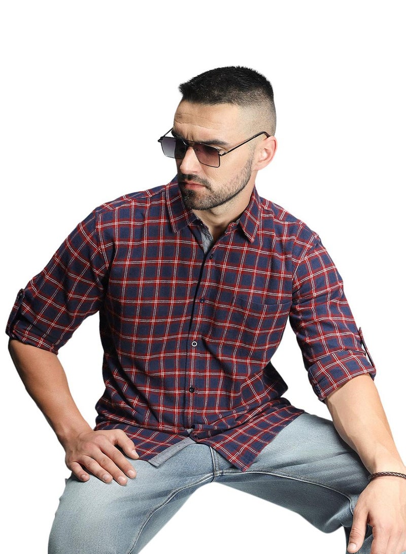 Standard Checked Cotton Spread Collar Curved Casual Shirt