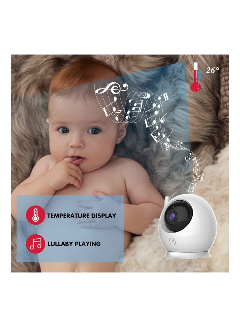 ABM100 Video Baby Monitor with LCD Display, 360-Degree Angle, Two-Way Audio, Infrared Night Vision, Lullaby Sounds, Temperature Alerts, and Multi-Camera Support.