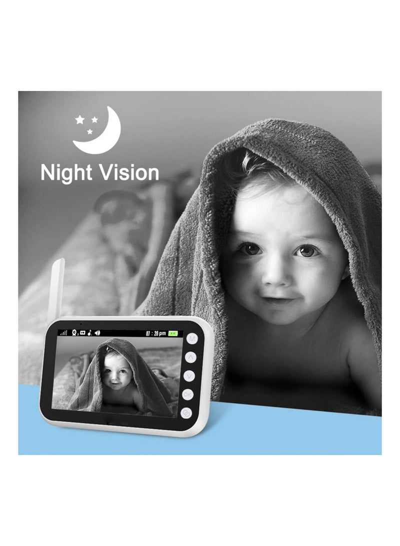 ABM100 Video Baby Monitor with LCD Display, 360-Degree Angle, Two-Way Audio, Infrared Night Vision, Lullaby Sounds, Temperature Alerts, and Multi-Camera Support.