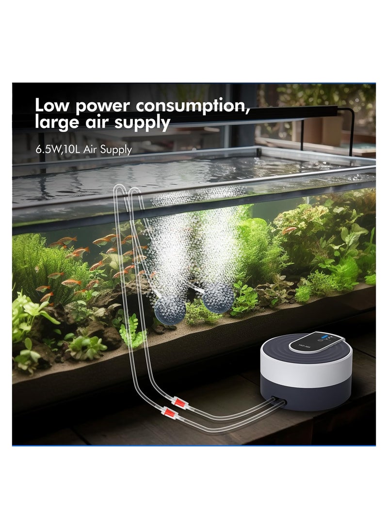 Ultra Quiet Rechargeable Aquarium Air Pump 65W Adjustable Aerator with Dual Outlet Powerful Oxygen Pump 10Lmin Output