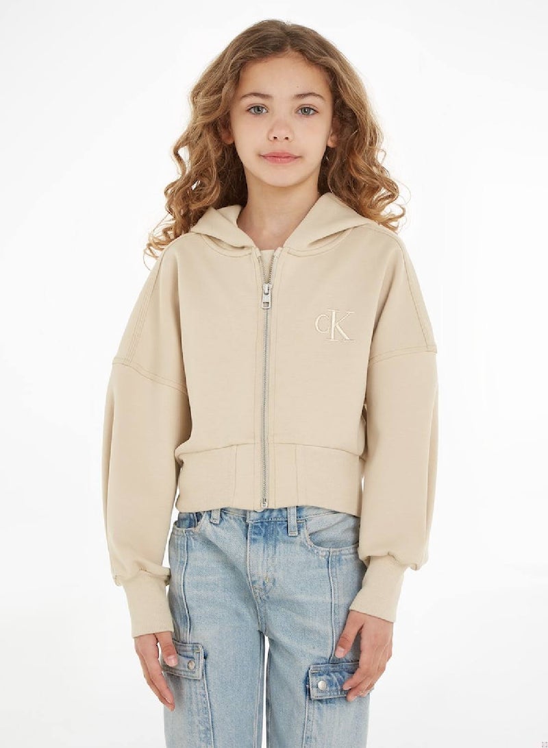 Calvin Klein Jeans Kids, Girls' Hoody - Zip Through - Sportswear - Cotton Sweatshirt, Taupe