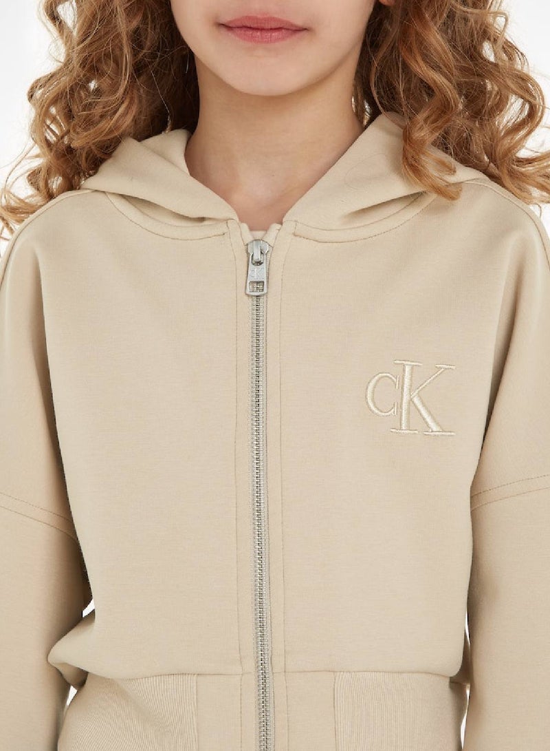 Calvin Klein Jeans Kids, Girls' Hoody - Zip Through - Sportswear - Cotton Sweatshirt, Taupe