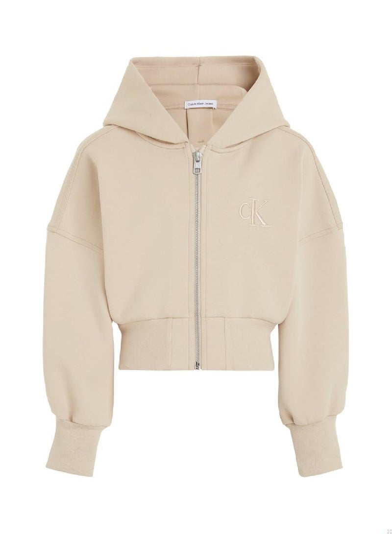 Calvin Klein Jeans Kids, Girls' Hoody - Zip Through - Sportswear - Cotton Sweatshirt, Taupe