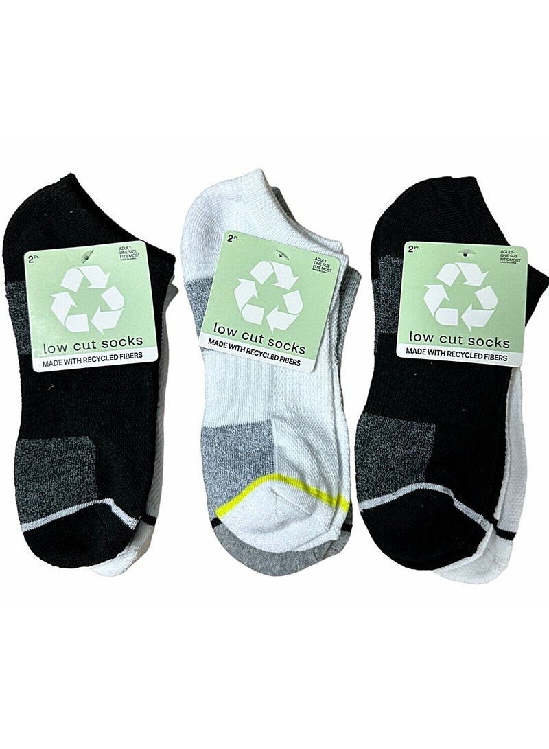 Unisex Low Cut Socks White Gray Black Made With Recycled Fibers One Size 6 Pairs