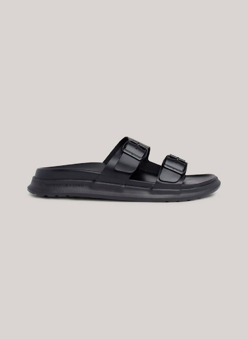 Men's Leather Buckle Sandals/ Flip Flops -  Leather upper, Black