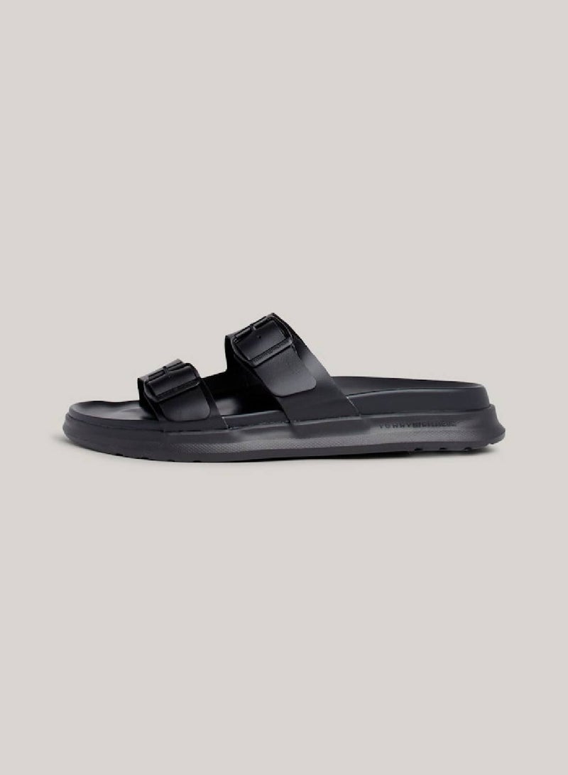 Men's Leather Buckle Sandals/ Flip Flops -  Leather upper, Black