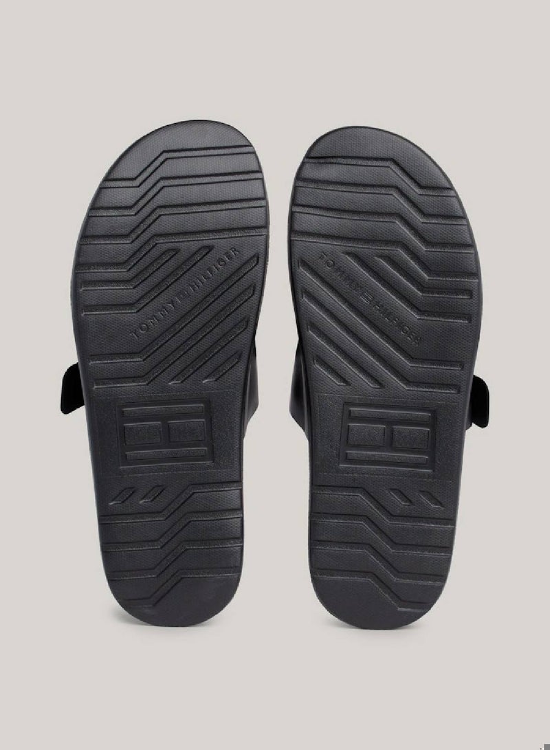 Men's Leather Buckle Sandals/ Flip Flops -  Leather upper, Black